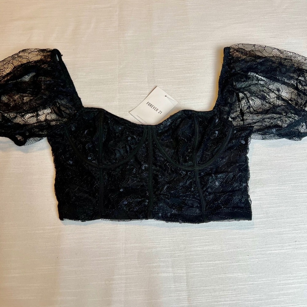 Black Lace Corset Crop Top Short Puff Sleeve Sweetheart Neck Zipper Back Womens